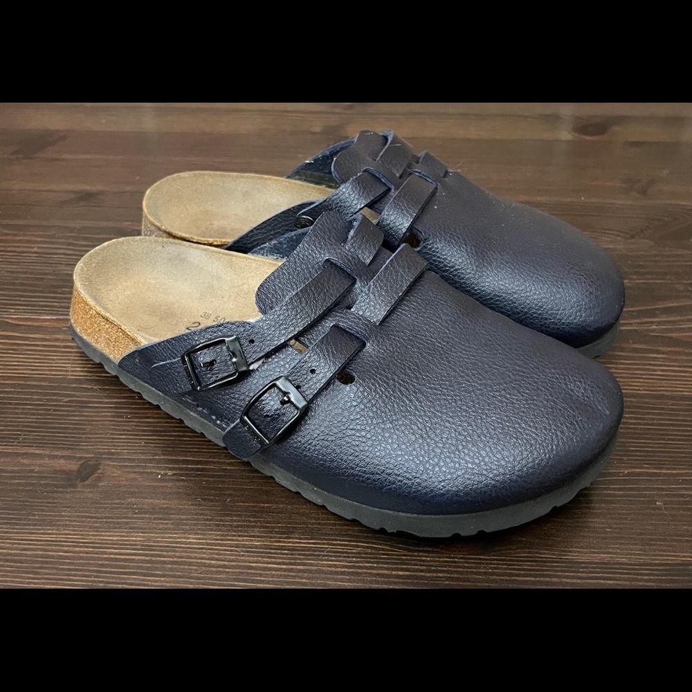 Navy Leather Buckle Clogs